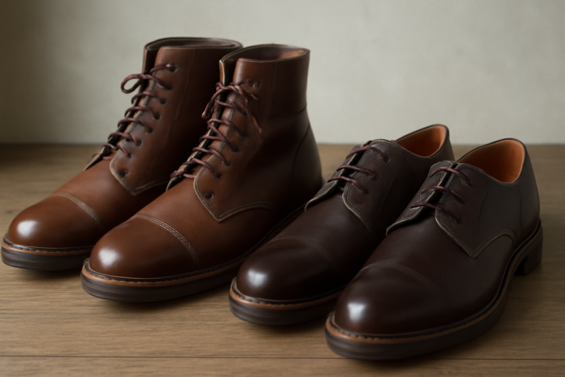 paire de bottes et derbies côte à côte