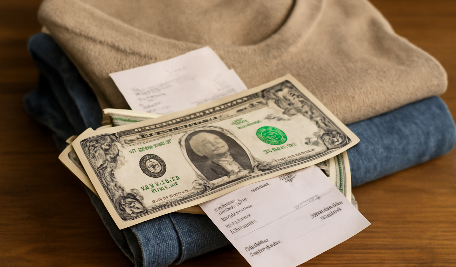 billets et reçus posés près de vêtements