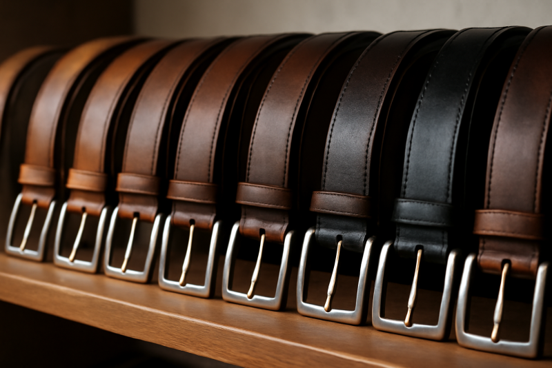 ceintures en cuir alignées sur une étagère