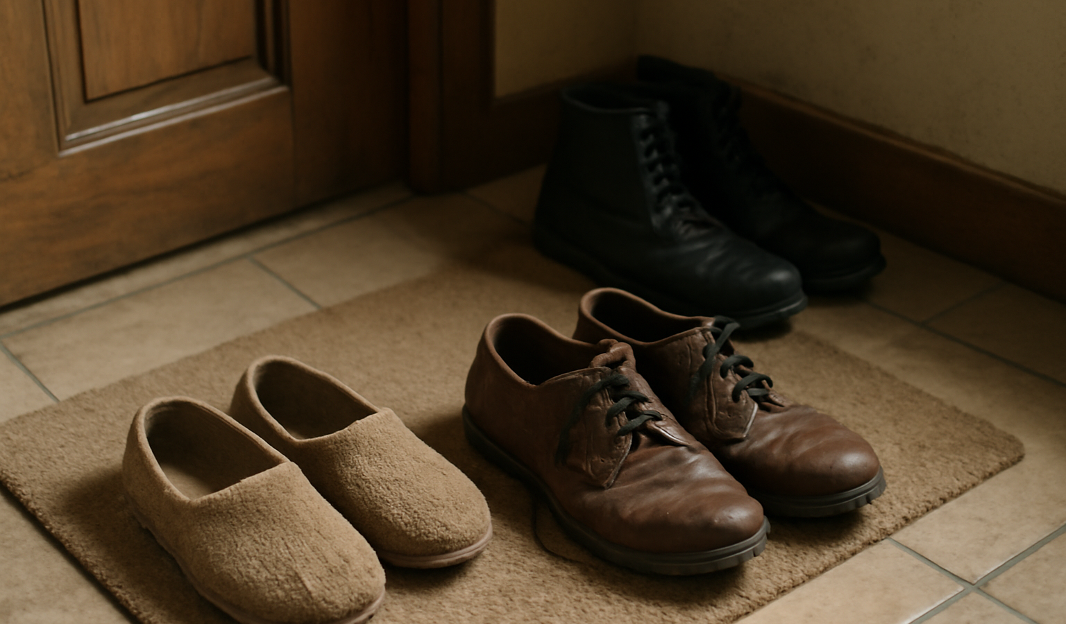 vieux chaussons et chaussures dans entree