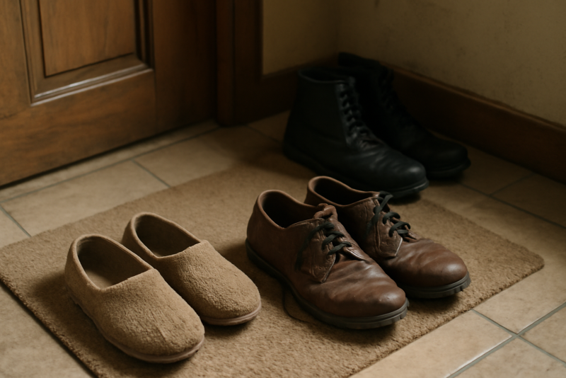 vieux chaussons et chaussures dans entree