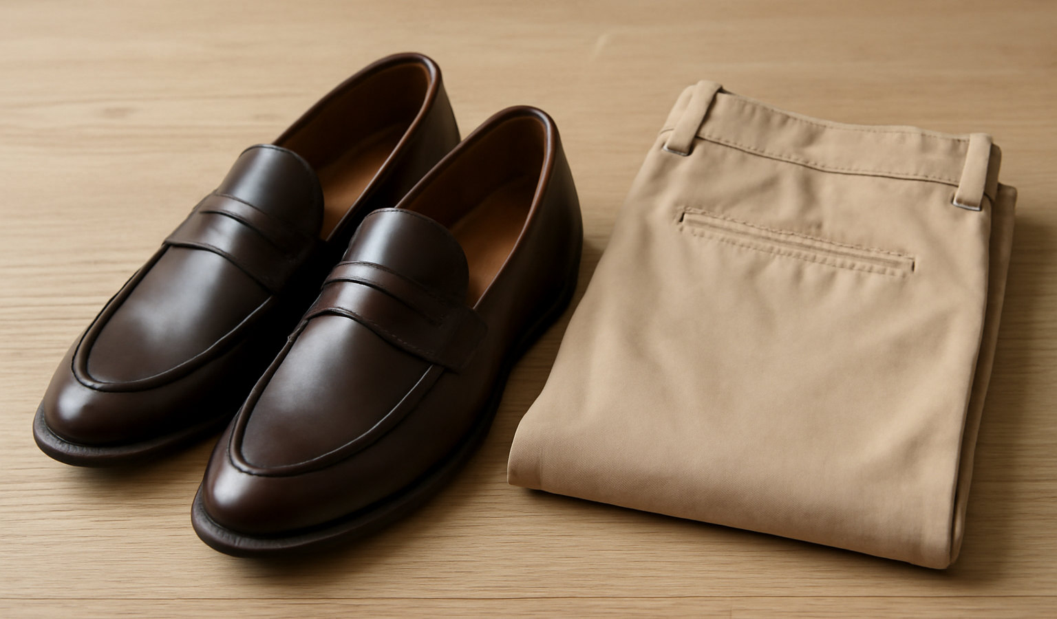 paire de chaussures posée à côté d'un chino