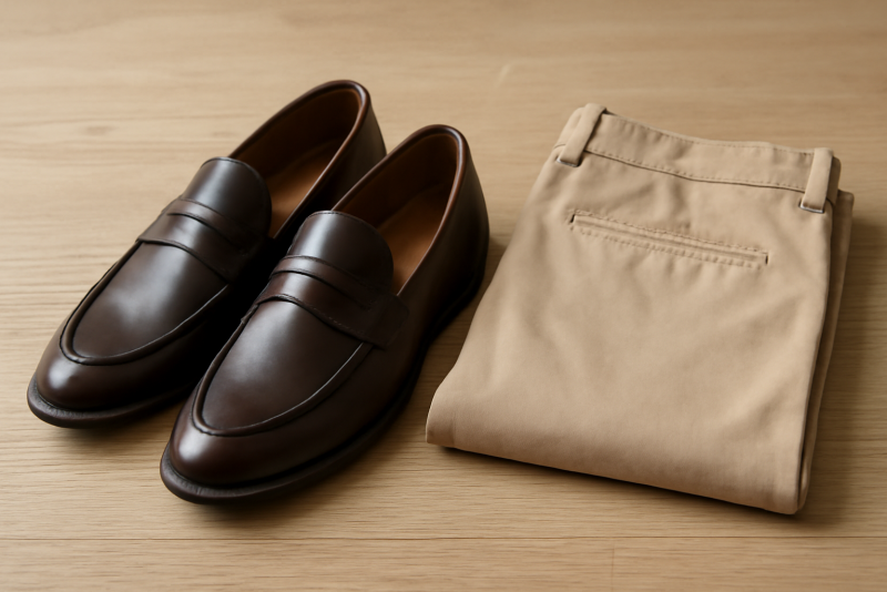 paire de chaussures posée à côté d'un chino