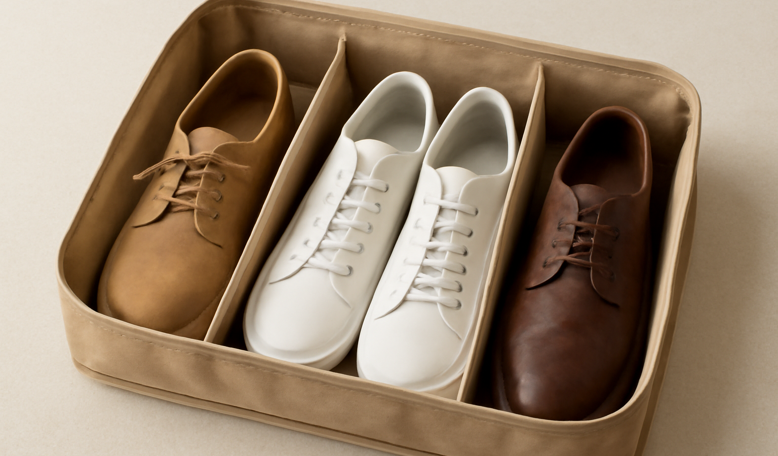 trois paires de chaussures rangées dans sac