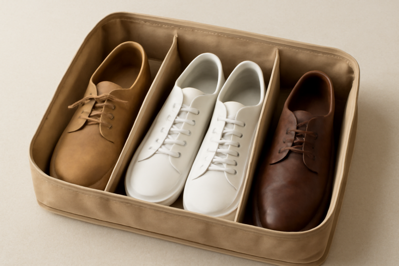 trois paires de chaussures rangées dans sac