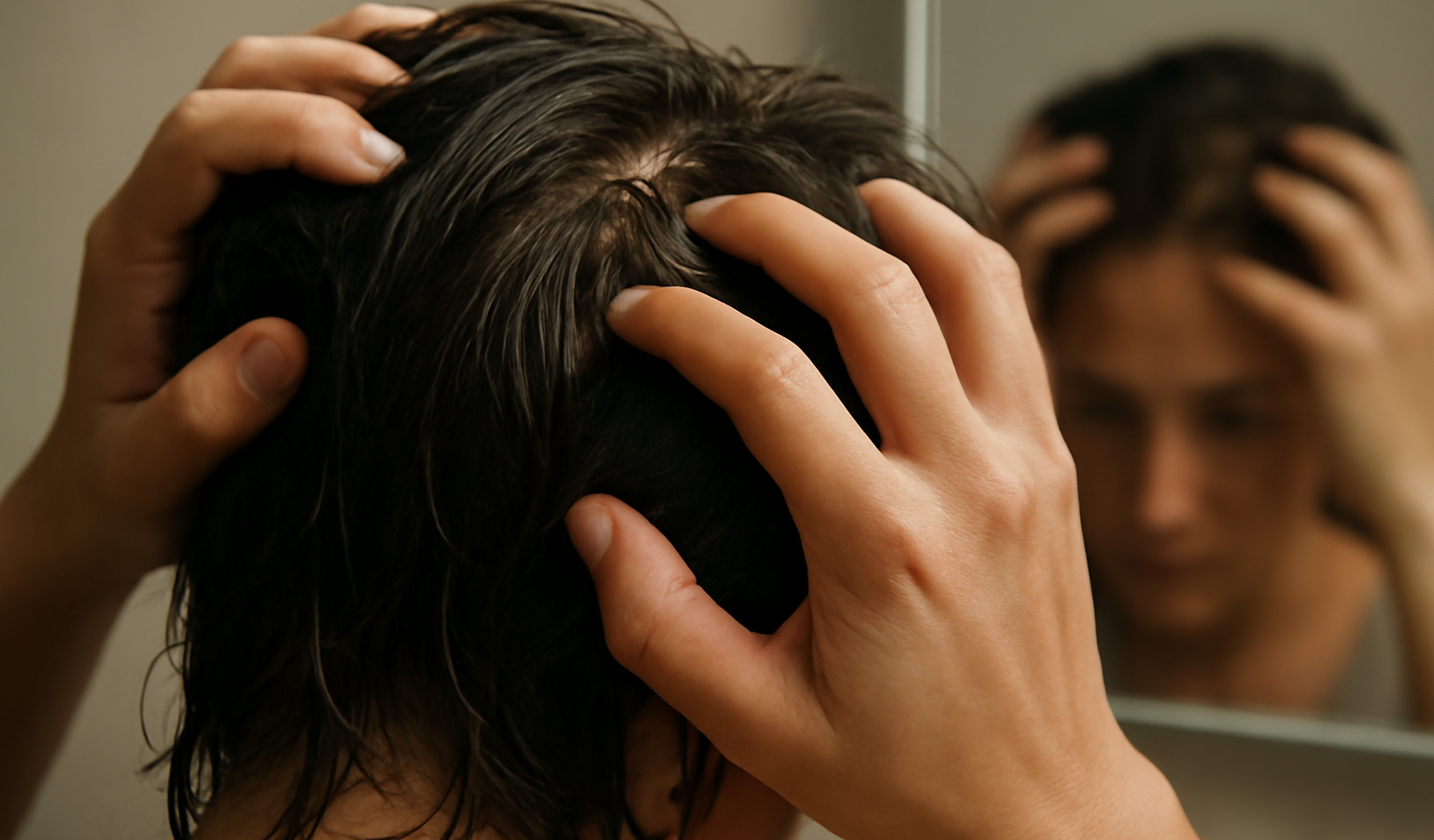 mains passant dans cheveux gras devant miroir