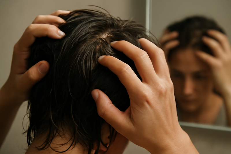 mains passant dans cheveux gras devant miroir