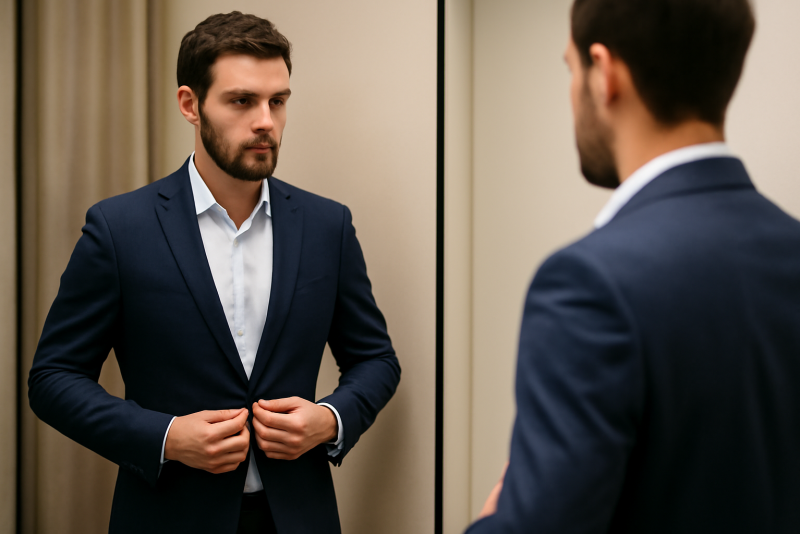 homme essayant blazer coupe ajustee devant miroir