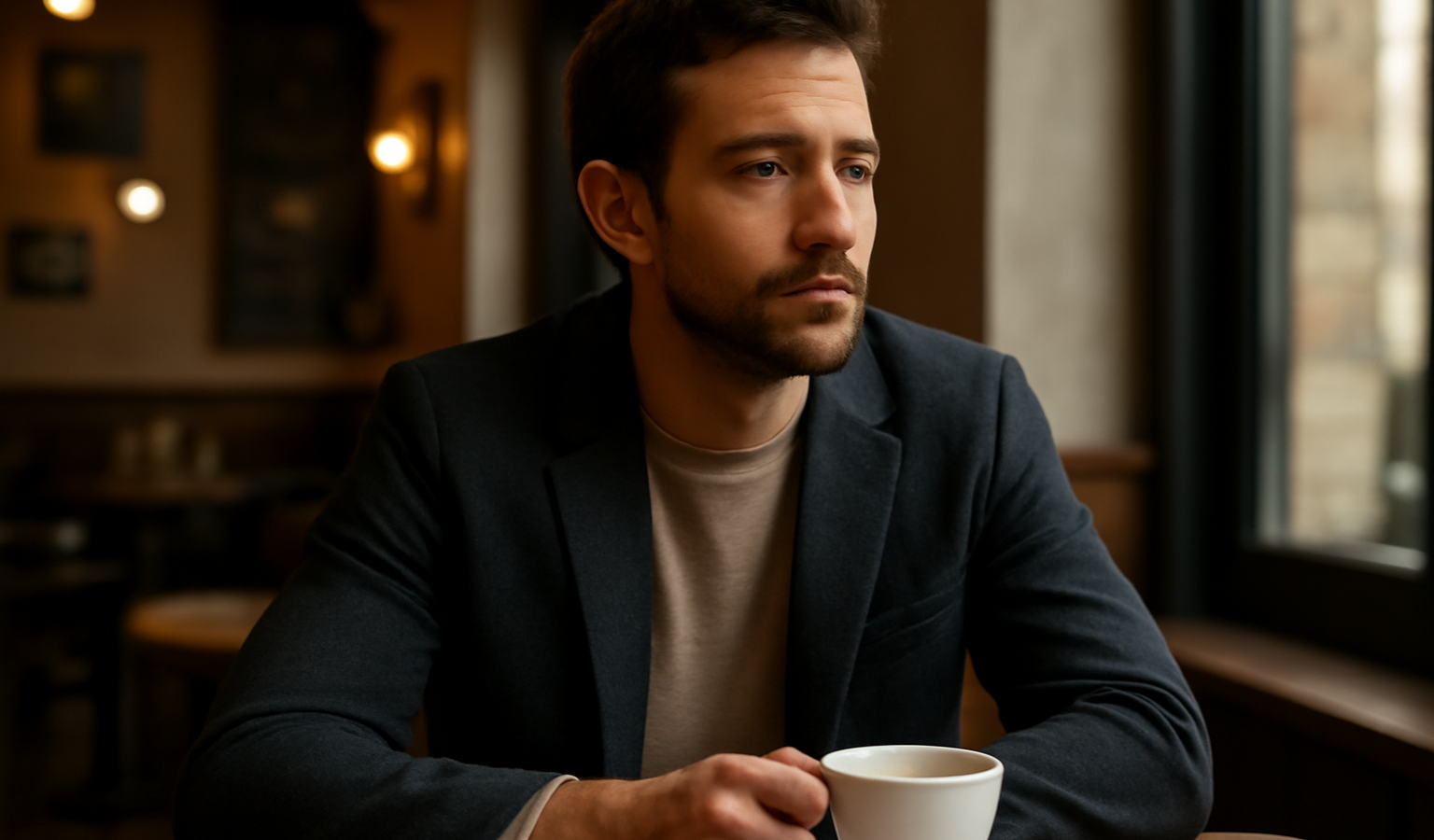 homme en veste séparée dans café
