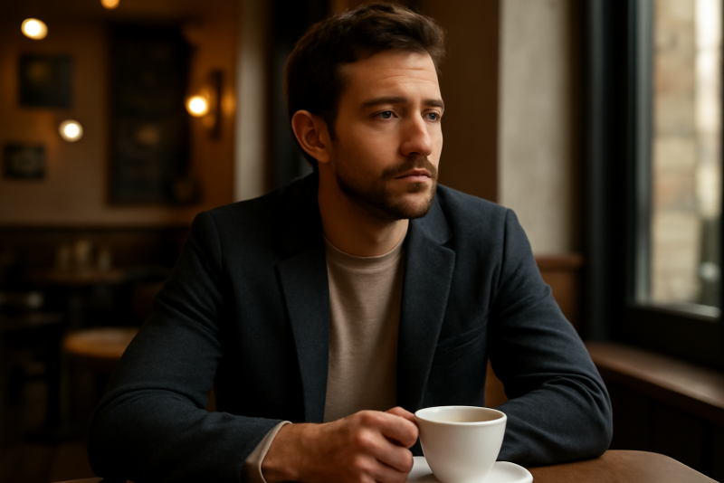 homme en veste séparée dans café