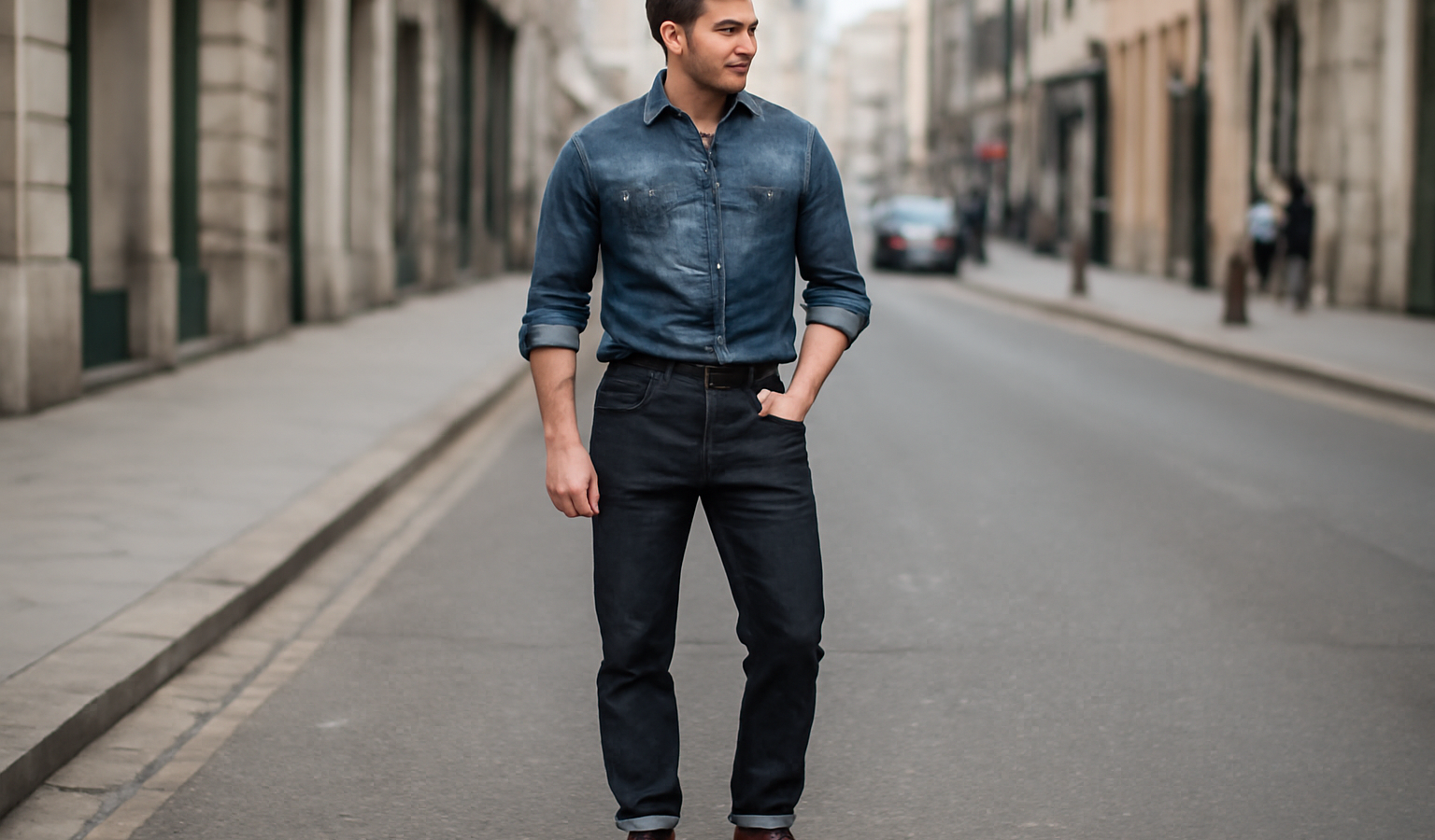 homme portant jean brut en ville