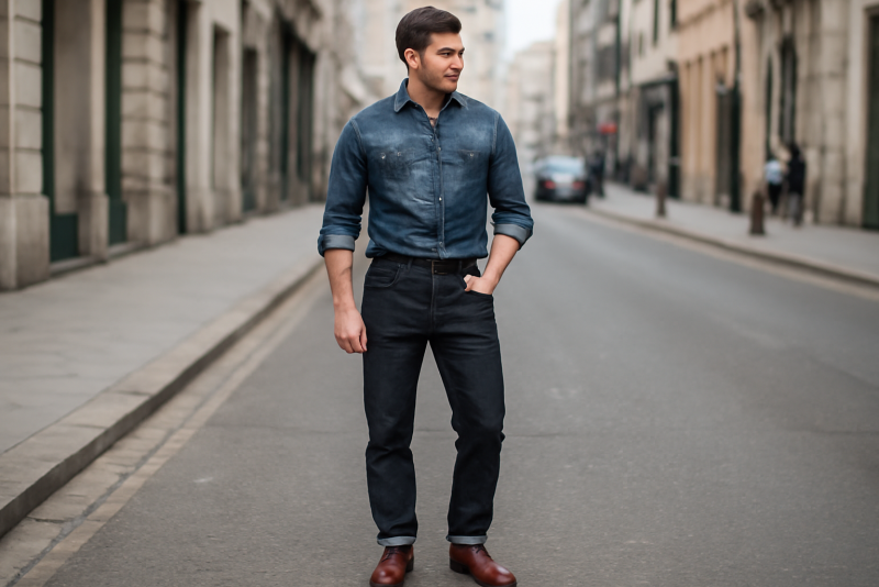 homme portant jean brut en ville