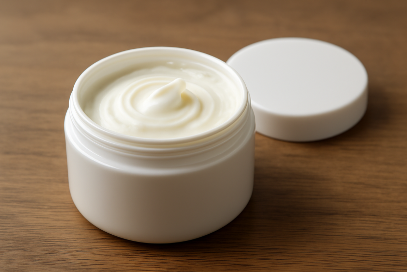 pot de crème générique ouvert sur table