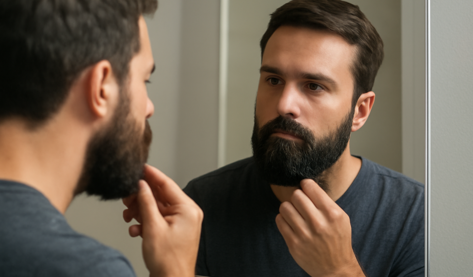 homme coiffant sa barbe devant miroir