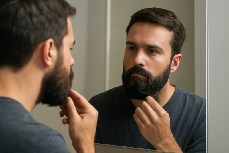 homme coiffant sa barbe devant miroir