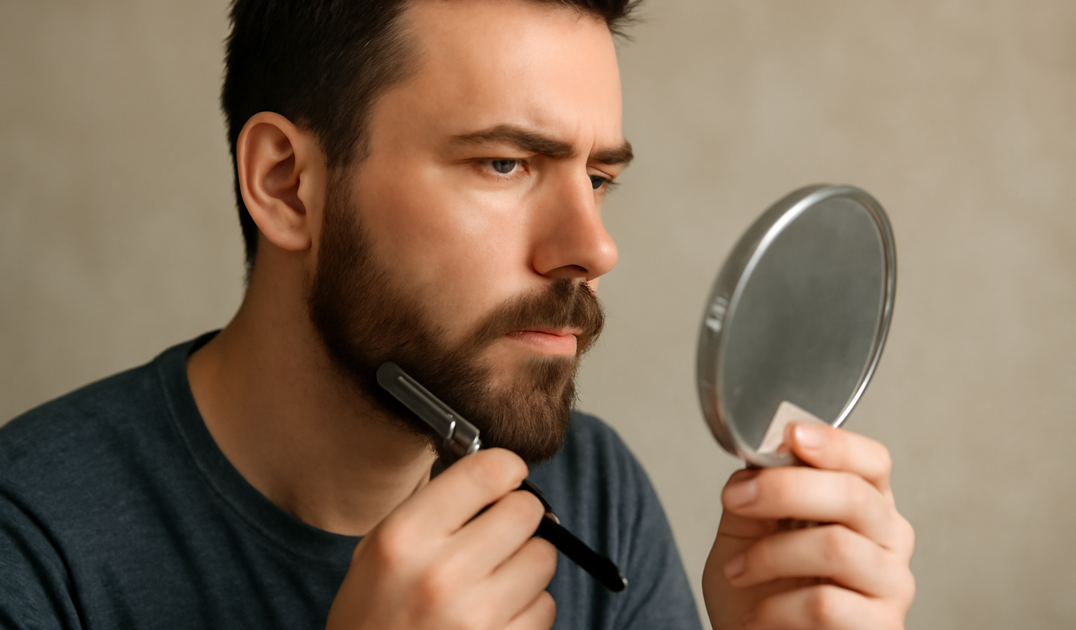 homme taillant sa barbe avec petit miroir