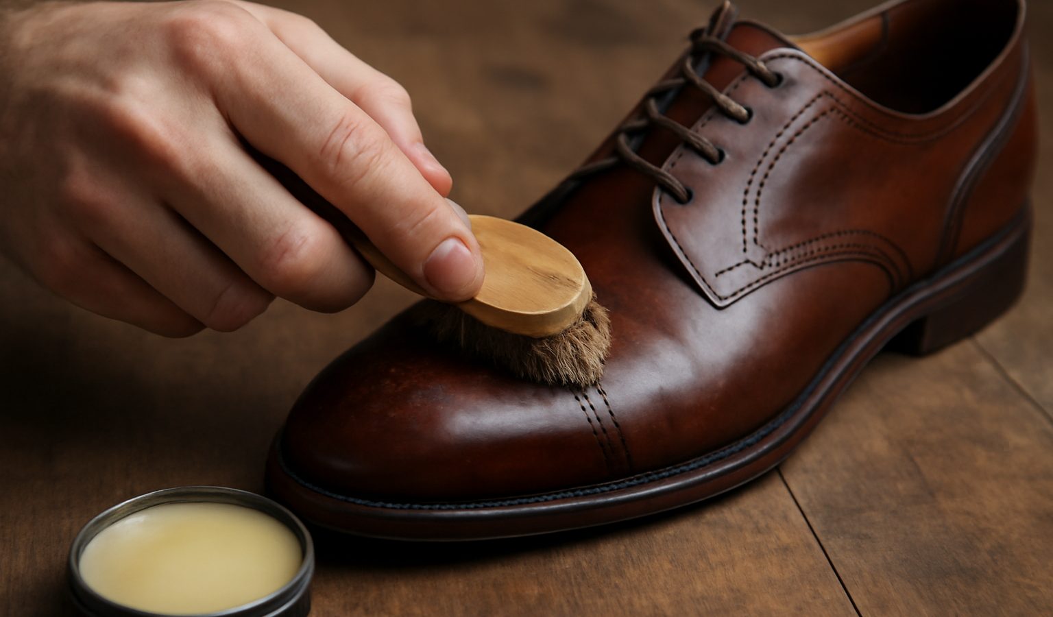 mains appliquant cire sur chaussure en cuir