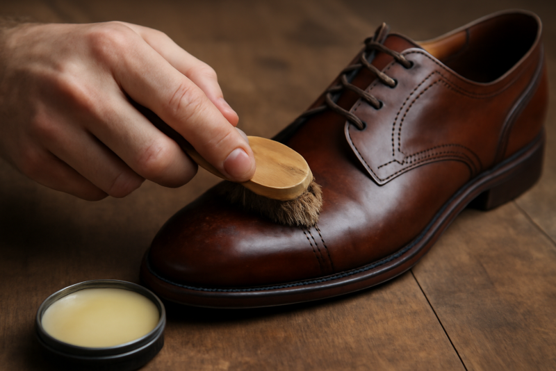 mains appliquant cire sur chaussure en cuir