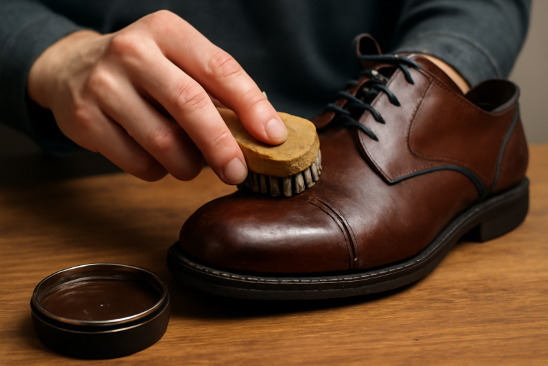 mains appliquant cire sur chaussure en cuir