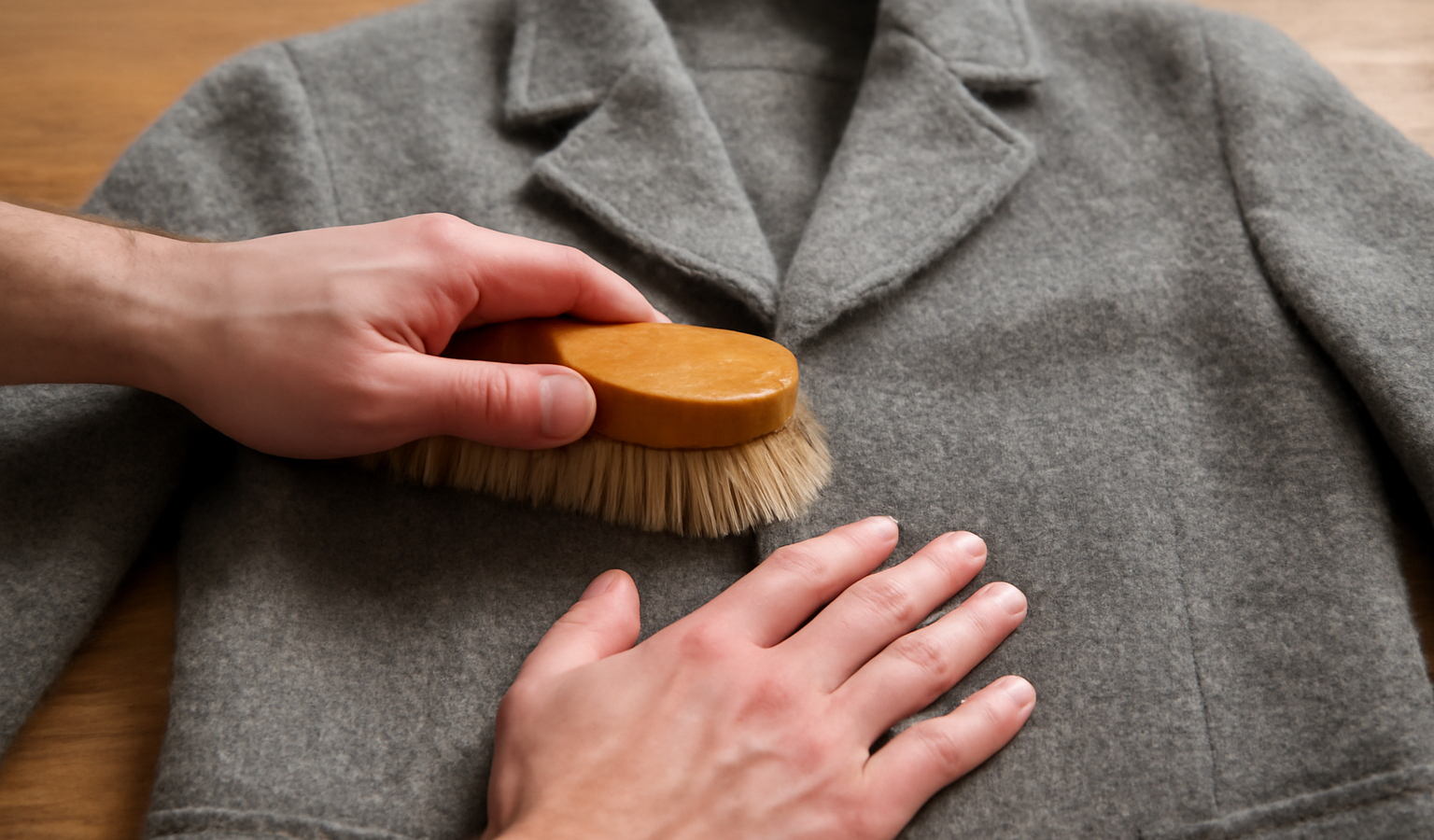 mains brossant une veste en laine sur table