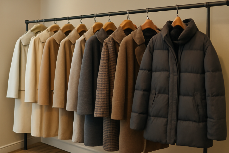 manteaux variés suspendus dans une boutique