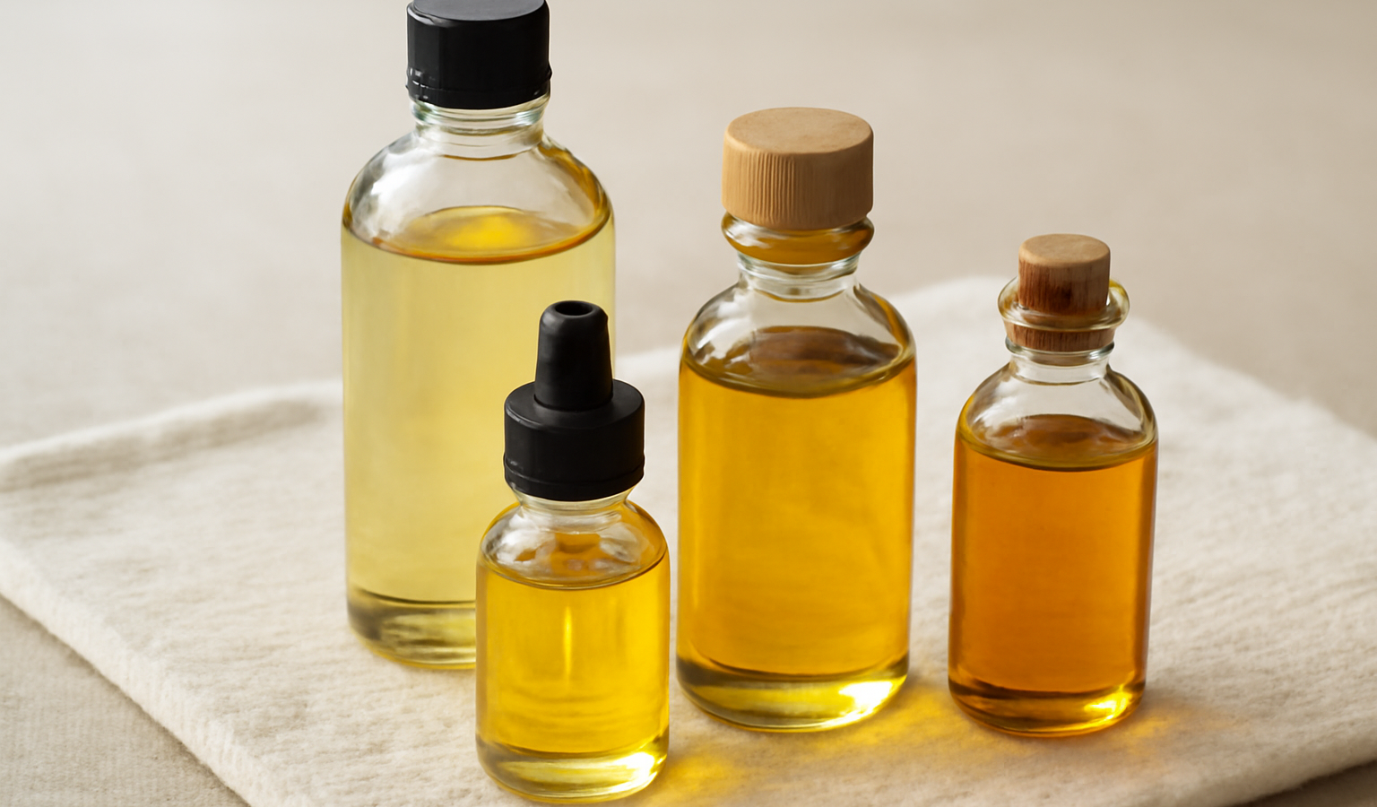 flacons d'huiles posés sur serviette claire