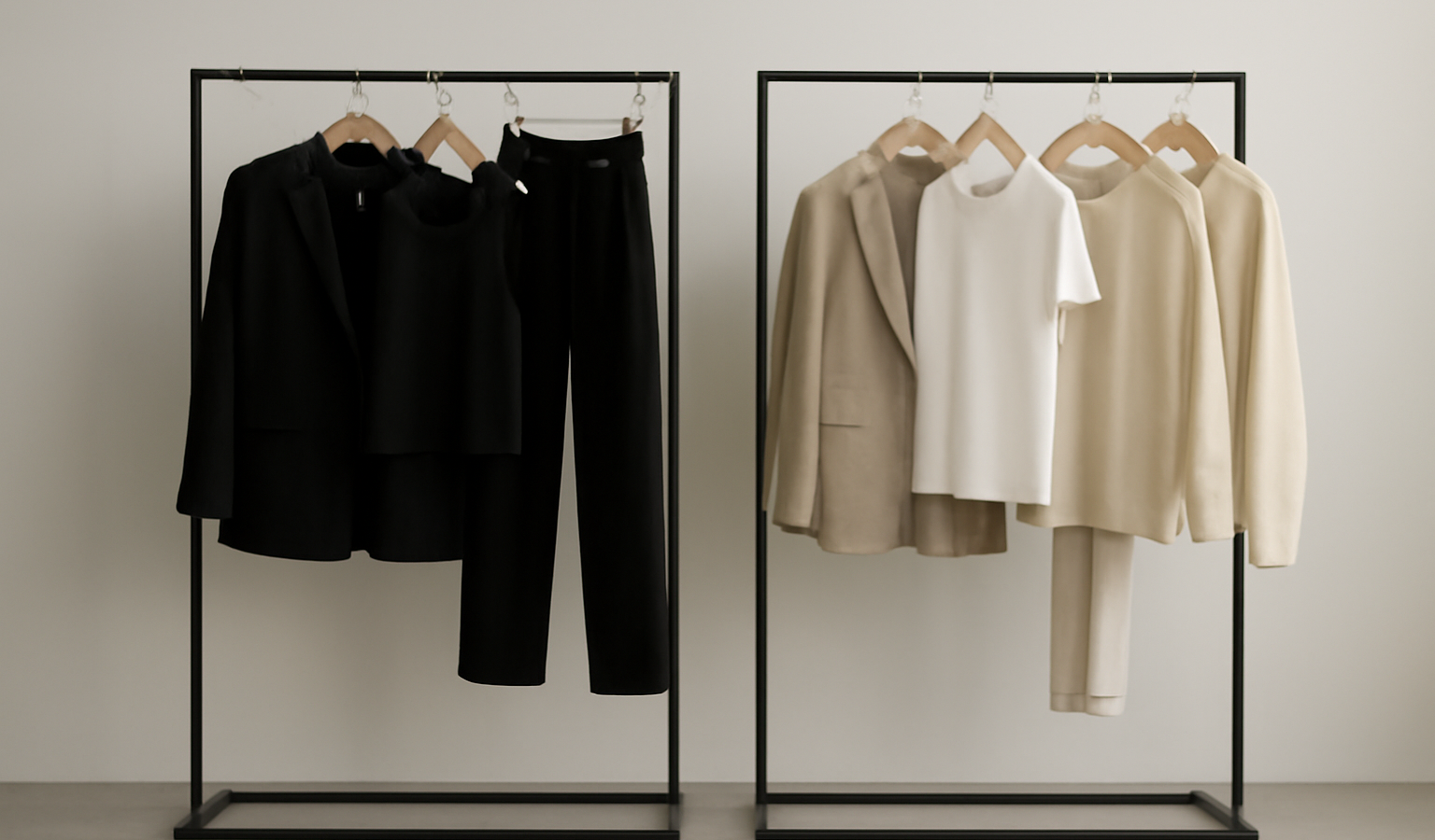 tenues contrastées exposées sur portants minimalistes