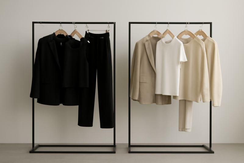 tenues contrastées exposées sur portants minimalistes