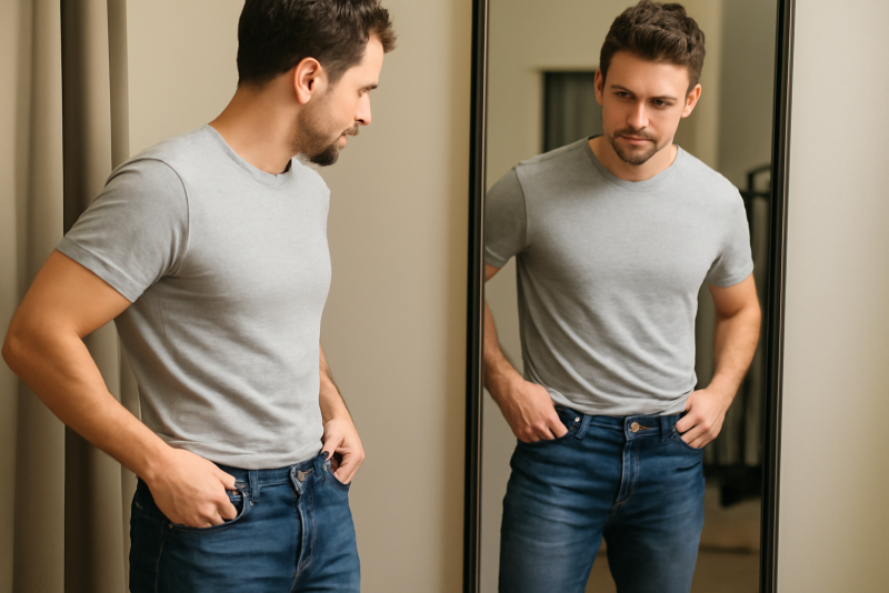 homme essayant jean ajusté devant miroir