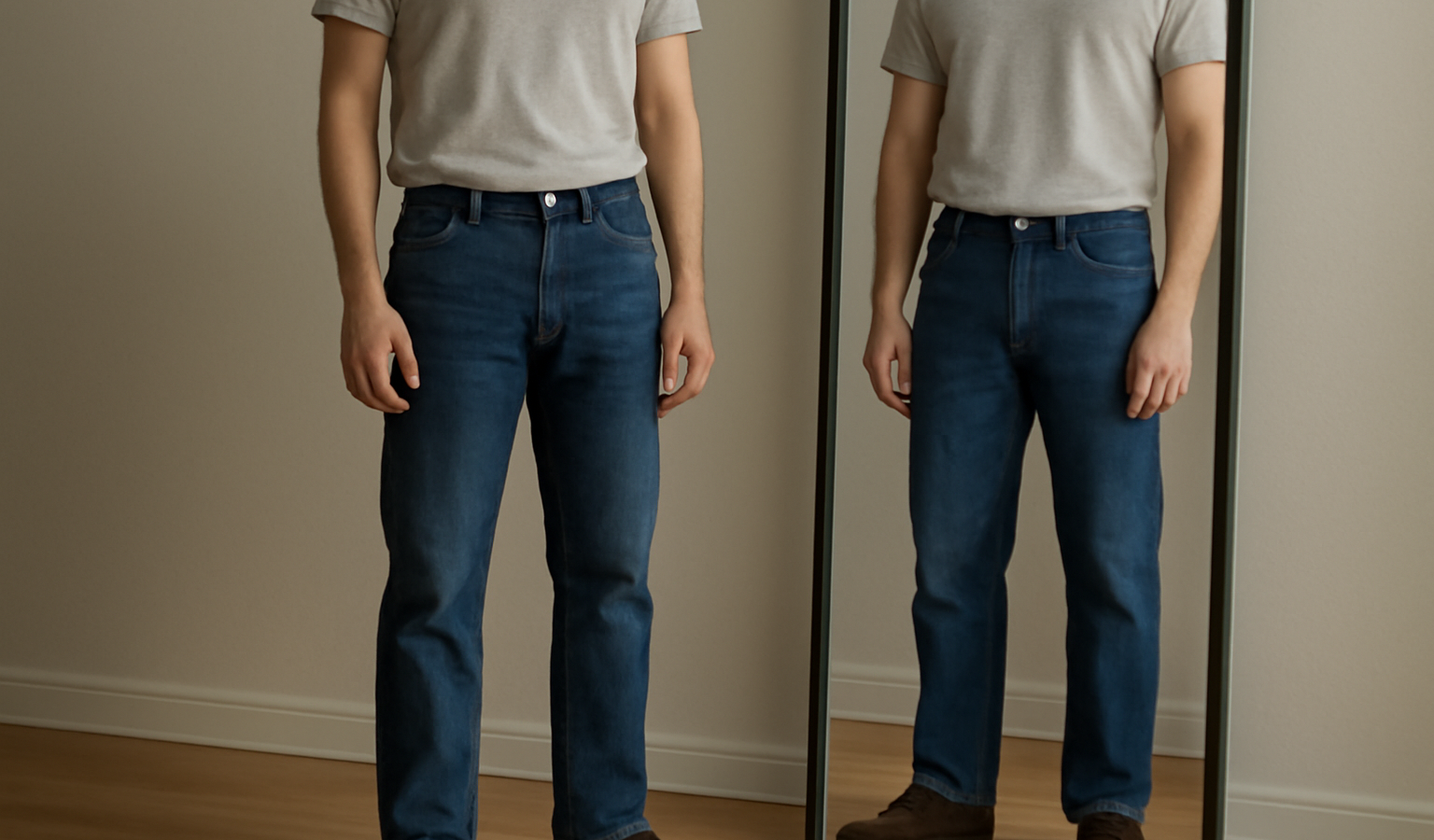 homme portant jean coupe droite devant miroir