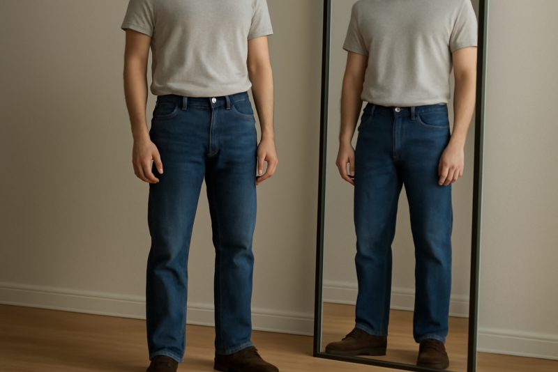 homme portant jean coupe droite devant miroir