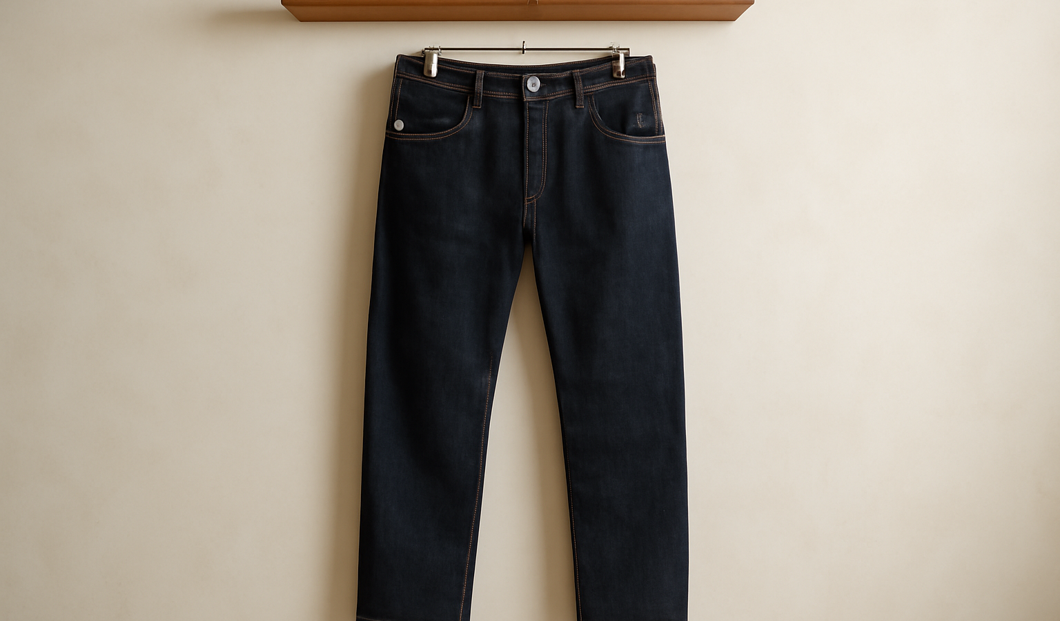 paire de jeans bruts accrochée à une étagère