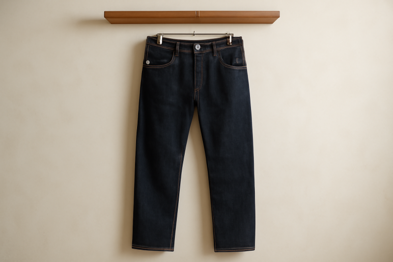 paire de jeans bruts accrochée à une étagère