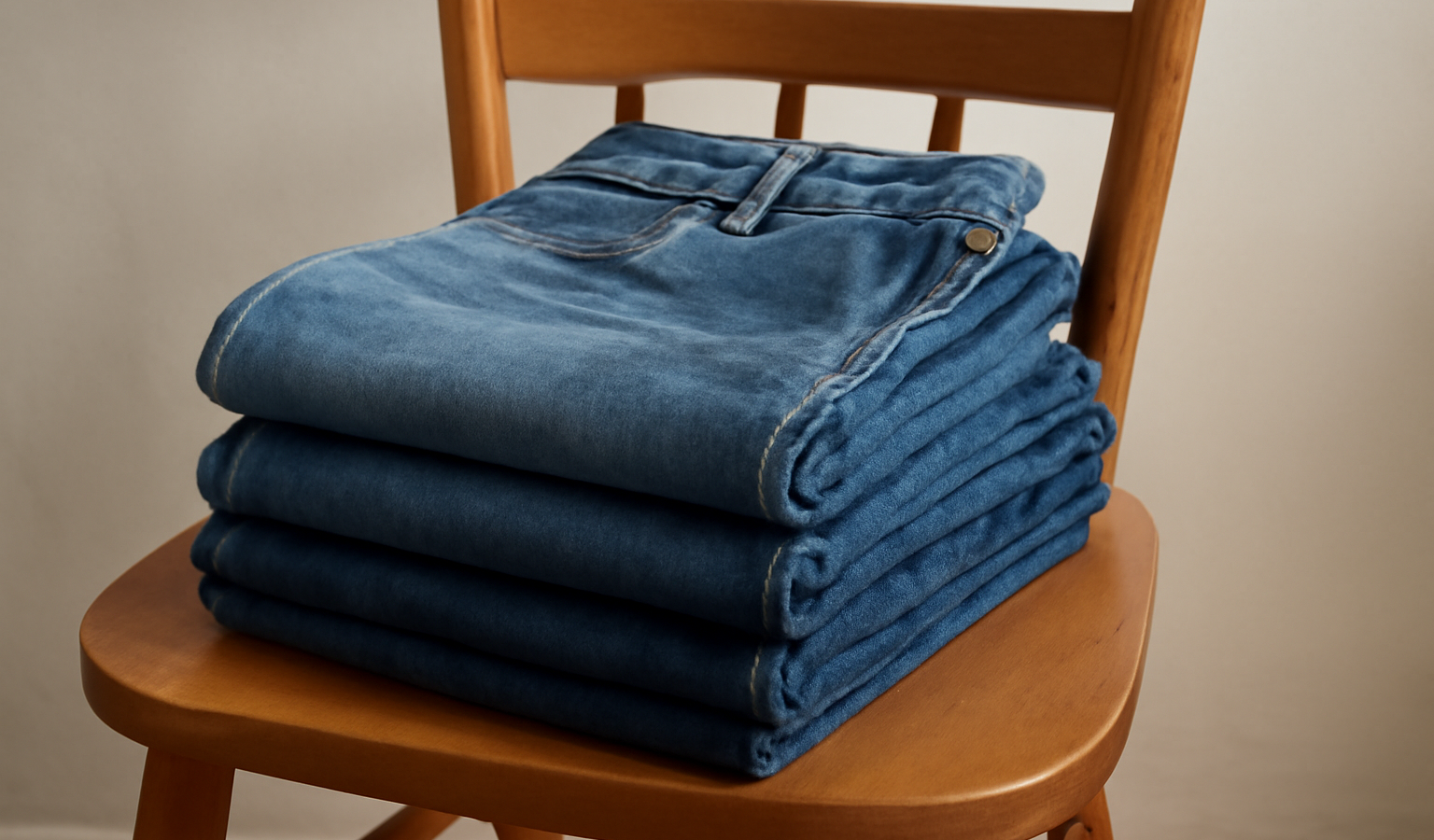 paires de jeans pliees sur une chaise