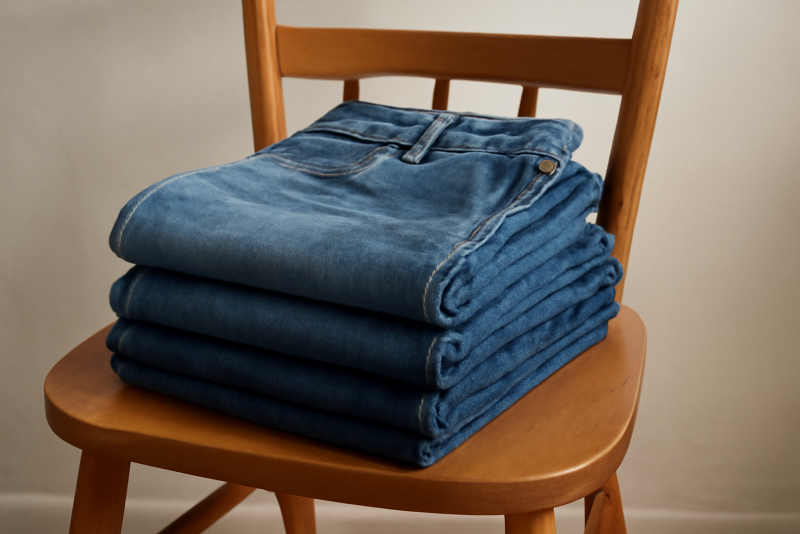 paires de jeans pliees sur une chaise