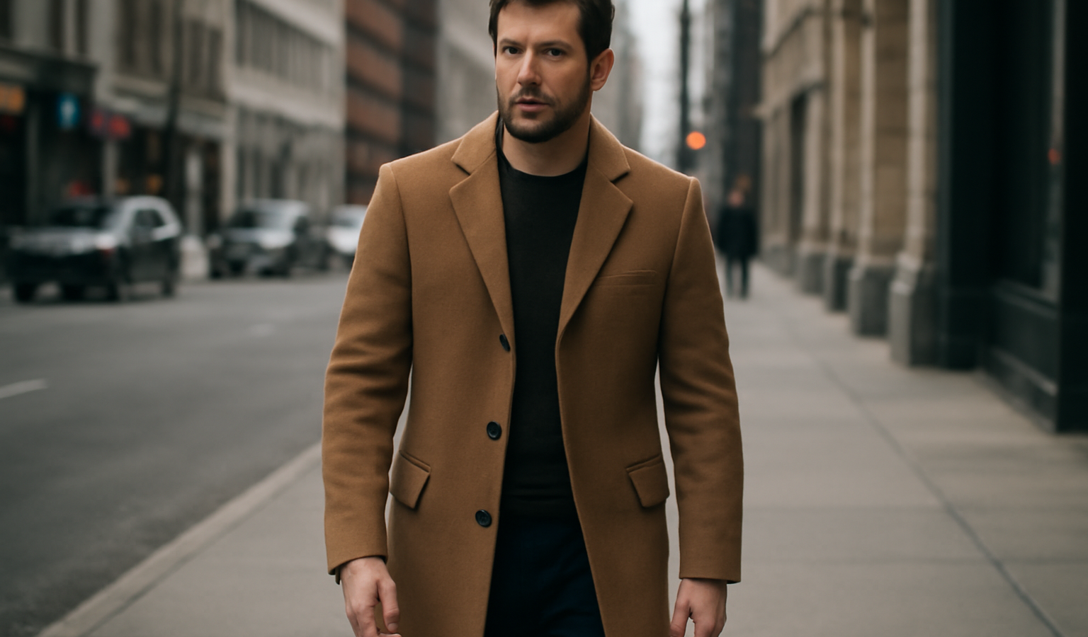 homme portant manteau long en ville