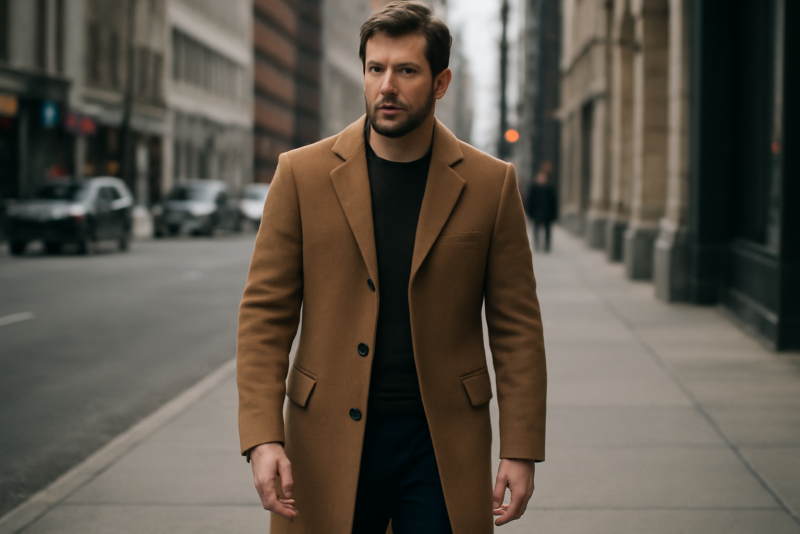 homme portant manteau long en ville