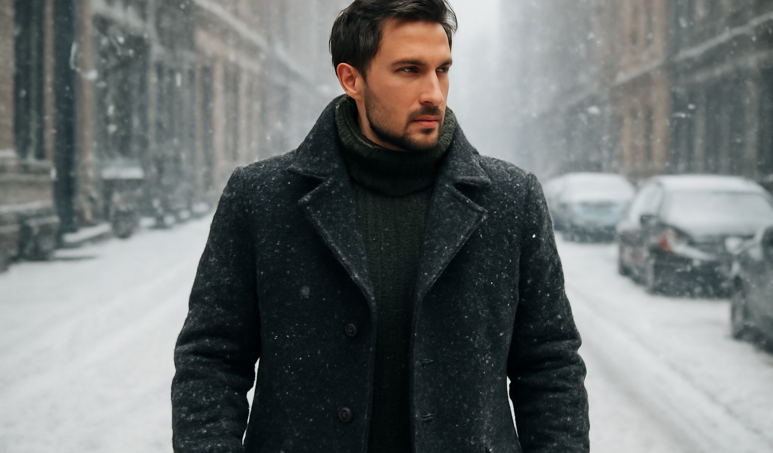 homme portant manteau épais en rue enneigée