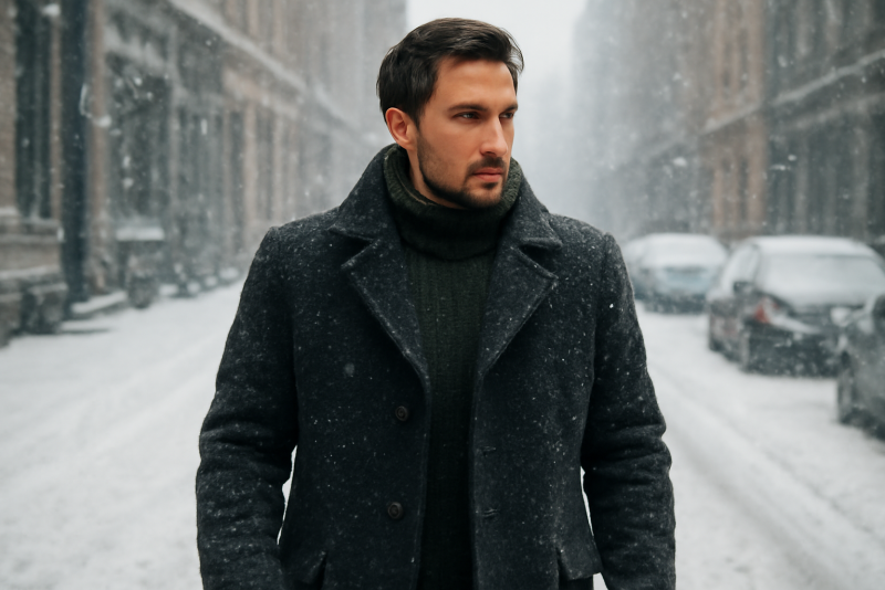 homme portant manteau épais en rue enneigée