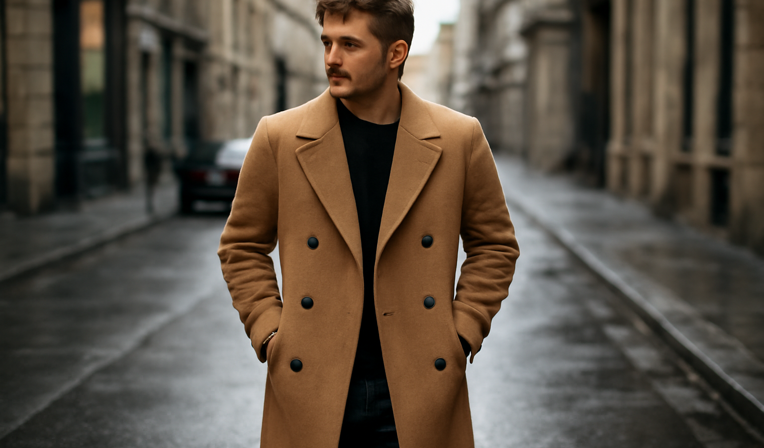 homme portant manteau long en rue urbaine
