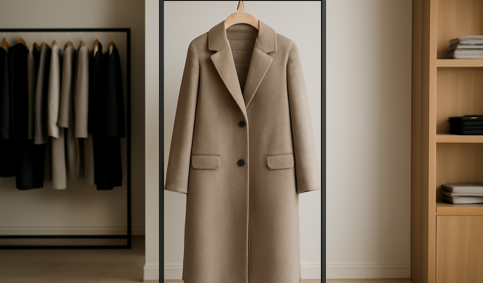 manteau long suspendu dans boutique sobre