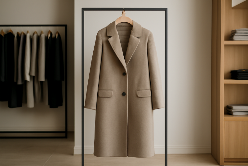 manteau long suspendu dans boutique sobre