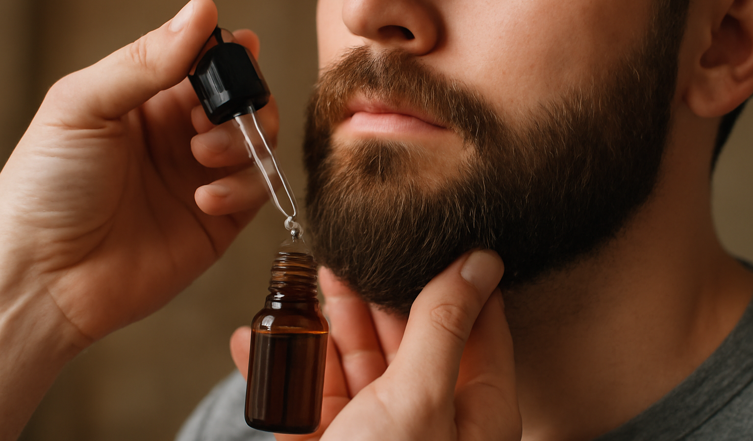 mains appliquant de l'huile sur barbe