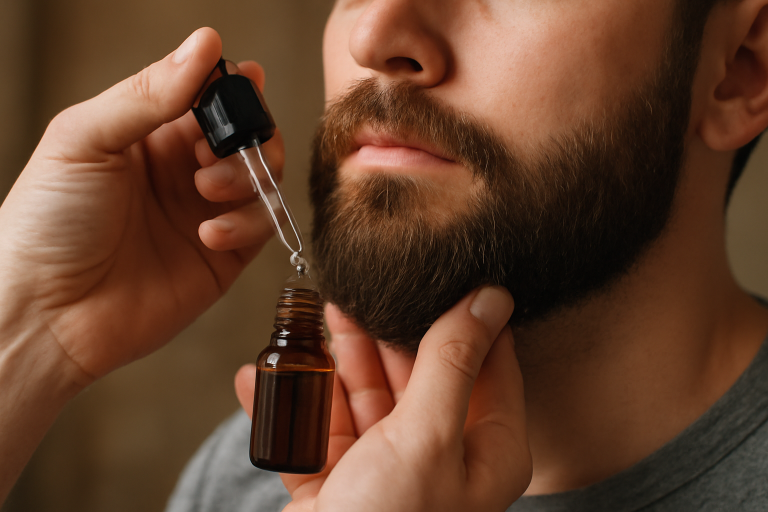 mains appliquant de l'huile sur barbe
