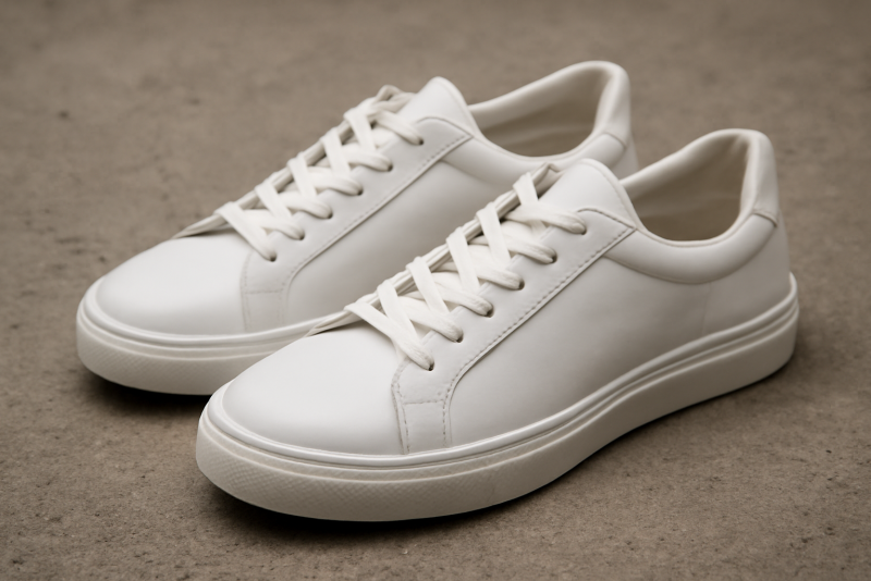 paire de sneakers blanches posées sur sol béton