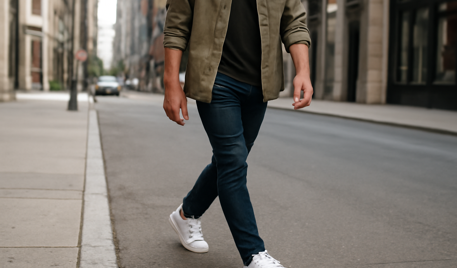 homme marchant en sneakers blanches en ville