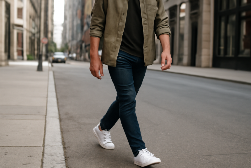 homme marchant en sneakers blanches en ville