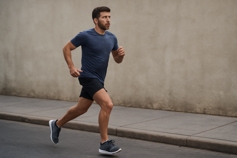 homme courant en baskets sur trottoir