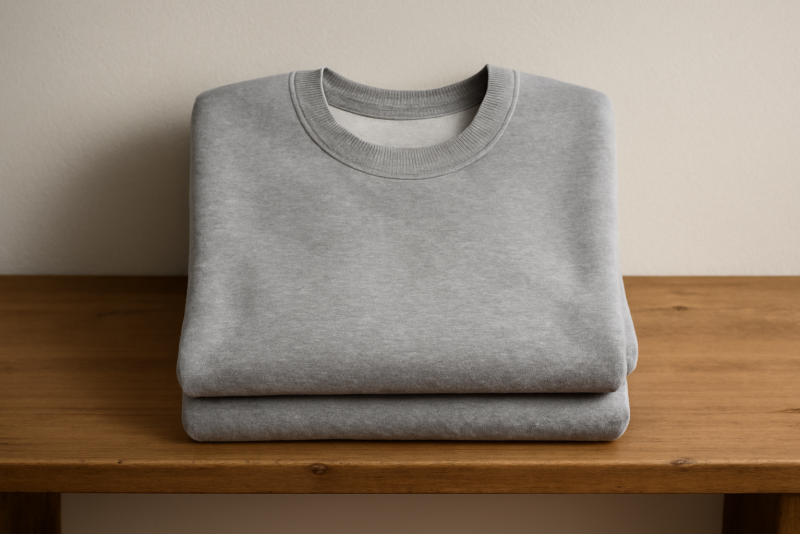sweat gris posé sur étagère en bois