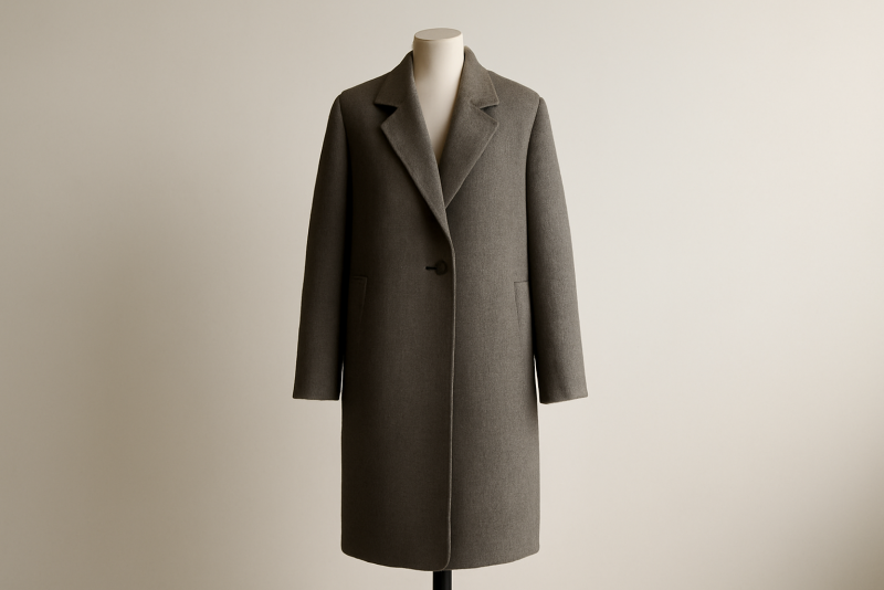 manteau long posé sur un mannequin minimaliste